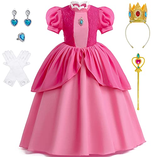 LZH Prinzessin Peach Kostüm für Mädchen Super Bros Kostüm Cosplay Karneval Halloween Rosa Prinzessin Kleid mit Krone Ohrringe und Handschuhe von LZH