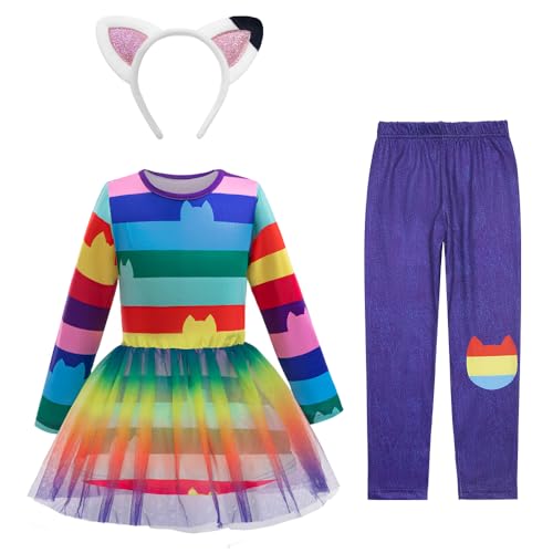 LZH Regenbogen Kostüm für Mädchen, Tutu Kleid Geburtstag Outfit mit Stirnband und Hose, Halloween Party Set 3-8Y von LZH