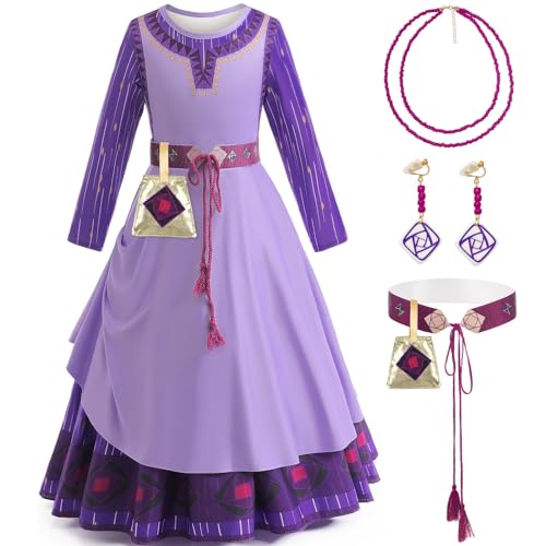 LZH Wish Asha Prinzessin Kleid Lila Kostüm für Mädchen Asha Cosplay Weihnachten Dress Up mit Ohrring Halskette von LZH