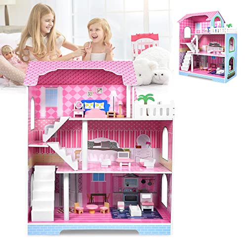 LZQ Puppenhaus Holz, 3 Etagen Dollhouse Puppenhäuser Barbie Haus, Puppenhaus ab 2 Jahre für Kinder, Mädchen, Geschenk, Geburtstag 70×30×70cm LZQ Puppenhaus Holz, 3 Etagen Dollhouse Puppenhäuser Barbie Haus, Puppenhaus ab 2 Jahre für Kinder, Mädchen, Geschenk, Geburtstag 70×30×70cm von LZQ