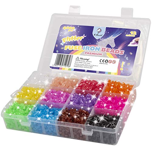La Manuli Glitzer Bügelperlen Sortiert Fuse Beads Kit - 4000 Stück 5 mm 12 Farben Nachfüllset Bügelperlen Set Mit jeder Marke Beads kompatibel, Steckperlen in Organizerbox von La Manuli
