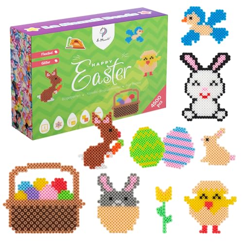 La Manuli Ostern Bügelperlen Set - 4500 Stück, 24 Farbvarianten, Ostern-Motive, Schablonen, Kreativzubehör, 5mm Midi Größe Steckperlen, Bastelset fur Kinder ab 6 7 8 9 10 Jahren von La Manuli