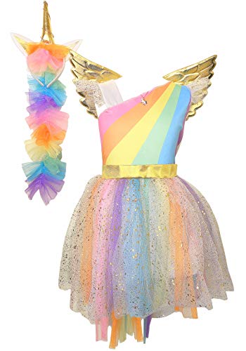 La Senorita Einhorn Kleid Unicorn Kleid + GRATIS Haarreif und Kette - Tutu Kinder Kostüm Prinzessin Kleid Regenbogen Verkleidung Mädchen (Größe 104/110 (S) 3/4 Jahr) von La Senorita