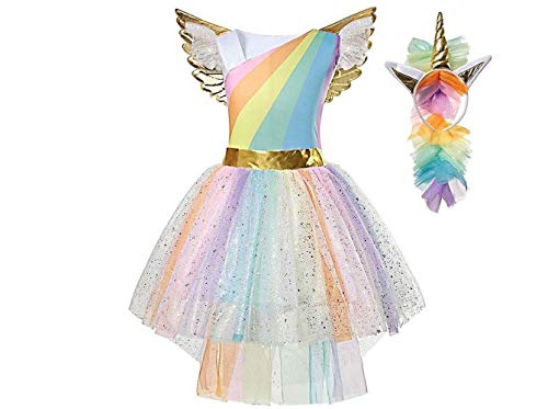 La Senorita Einhorn Kleid Unicorn Kleid + GRATIS Haarreif und Kette - Tutu Kinder Kostüm Prinzessin Kleid Regenbogen Verkleidung Mädchen (Größe 104/110 (S) 3/4 Jahr) von La Senorita