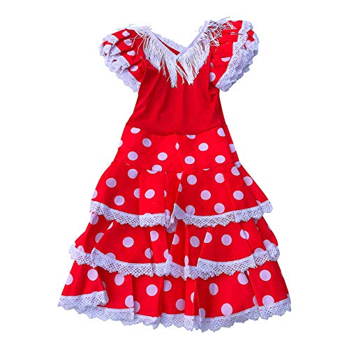 La Senorita Spanische Flamenco Kleid Niño Deluxe / Kostüm - für Mädchen / Kinder - Rot / Weiß (Größe 128-134 - Länge 85 cm- 7-8 Jahr) von La Senorita