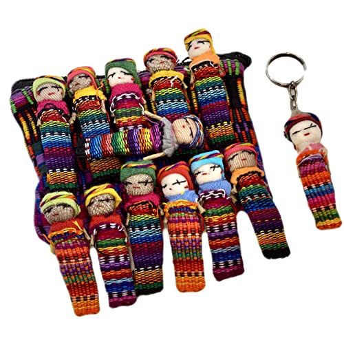 Guatemala Sorgenpuppen Set mit 12 – 5,5 x 1 cm traditionelle Trouble-Puppen mit niedlicher Aufbewahrungstasche und extra Schlüsselanhänger-Puppe – lustige lebendige Farben – gewebter Stoff, kleine von La Sol Imports