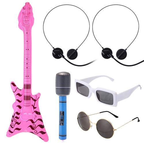 LaRandom 6 Stück Halloween Rock Sänger Kostüm Internationales Hippie-Sänger Aufblasbares Bass-Mikrofon Kopfhörer Performance Brille Requisiten Halloween 80er 90er Jahre Cosplay für Erwachsene Männer von LaRandom