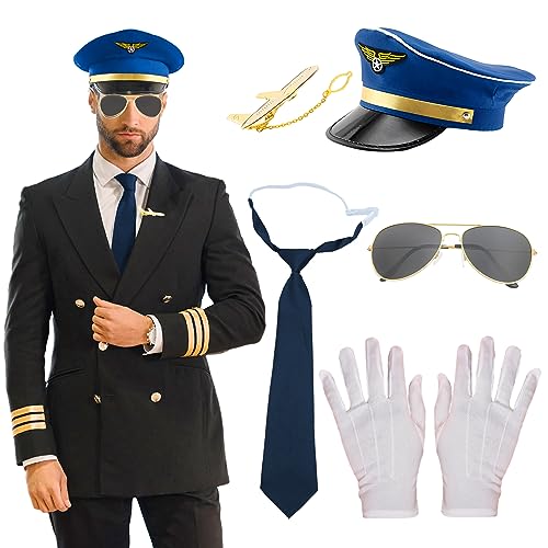 LaVenty Blau Pilot Kostüm Airline Pilot Captain Kostüm Pilot Dress up Zubehör Kapitänsmütze Chauffeur Mütze Pilot Kostüm Pilot Kostüm Kostüm Pilotin Pilotenmütze von LaVenty