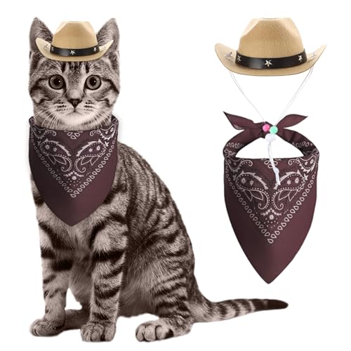 LaVenty Cowboyhut für Katzen Braun Bandana Mini Haustier Cowboy kostüm für Halloween Party Dekoration von LaVenty
