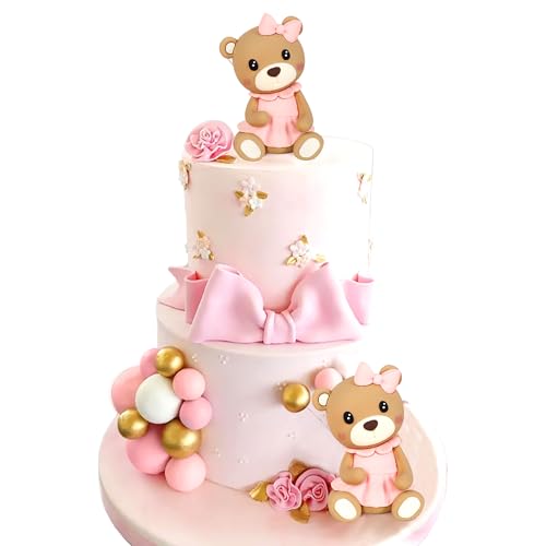 LaVenty Cute Rosa Teddybär Tortendeko für Taufe, Mädchen 1 Jahr, Hochzeit, Babyshower, Geburtstag Party - Kuchen Dekoration von LaVenty
