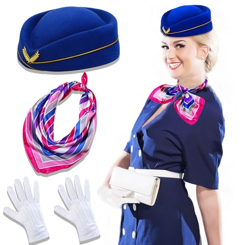 LaVenty Damen Flugbegleiter Kostüm Zubehör Stewardess Kostüm Zubehör Flugbegleiter Hut Ohrringe Sonnenbrille Schal Handschuhe (Blau 1) von LaVenty