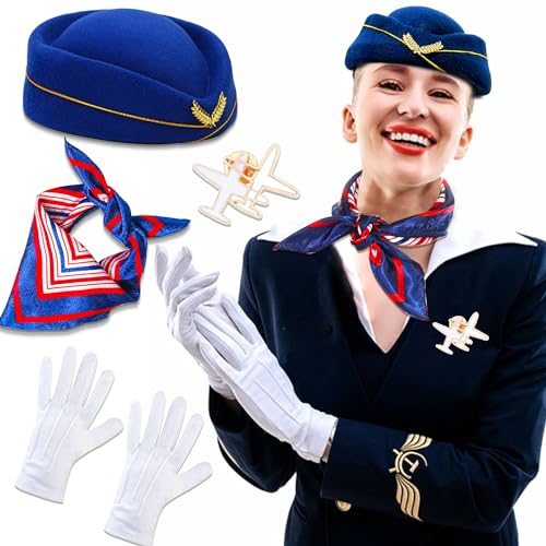 LaVenty Damen Flugbegleiter Kostüm Zubehör Stewardess Kostüm Zubehör Flugbegleiter Hut Ohrringe Sonnenbrille Schal Handschuhe (Blau 2) von LaVenty