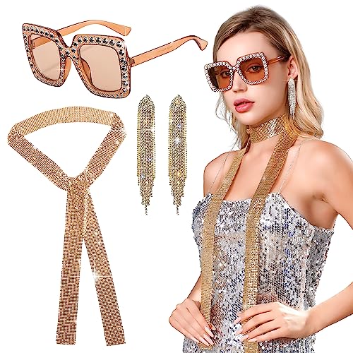 LaVenty Golden Disco Party Outfit Frauen Disco Ball Ohrringe Disco Halskette Sonnenbrille Disco Party Favors Supplies Club Musical Festival Outfit von LaVenty