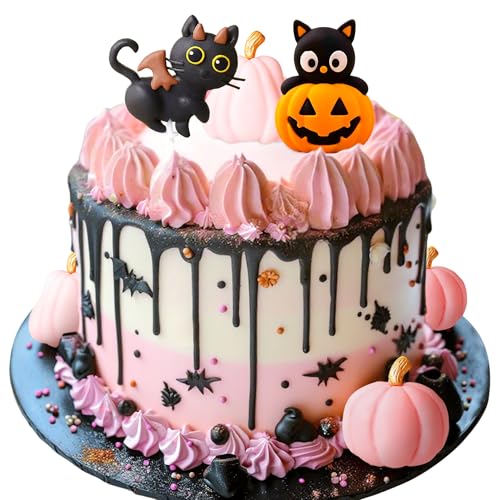 LaVenty Halloween Rosa Schwarz Katze Kuchen Topper Spooky Geburtstag Kuchen Topper Kürbisse Dekoration für Halloween Spooky Geburtstag Babydusche Party Zubehör von LaVenty