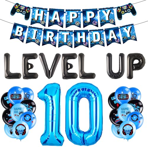 LaVenty Level Up Game deko 10 Geburtstag Junge Set Luftballon Party Geburtstag Deko 10 jahre Fortnit Gamer Geburtstagsdeko 10 jahre Set Videospiel Geburtstag Luftballons für Junge Deko von LaVenty
