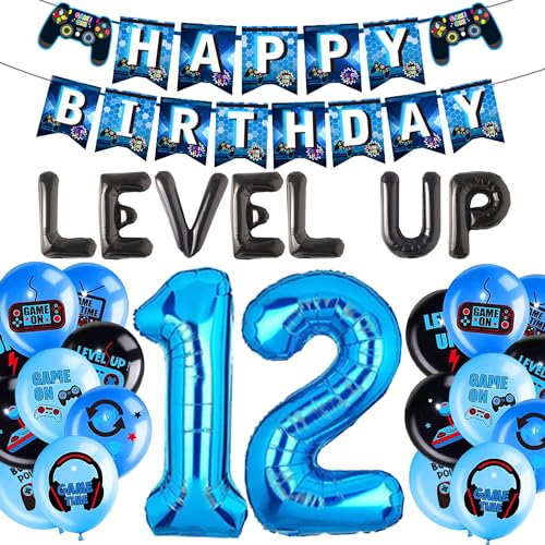 LaVenty Level Up Game Geburtstag Video Game Feier Party Dekoration for Boys (Blau und schwarz 12 Jahre alt) von LaVenty