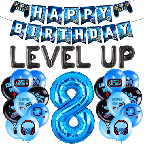 LaVenty Level Up Game Geburtstag Video Game Feier Party Dekoration for Boys (Blau und schwarz 8 Jahre alt) von LaVenty