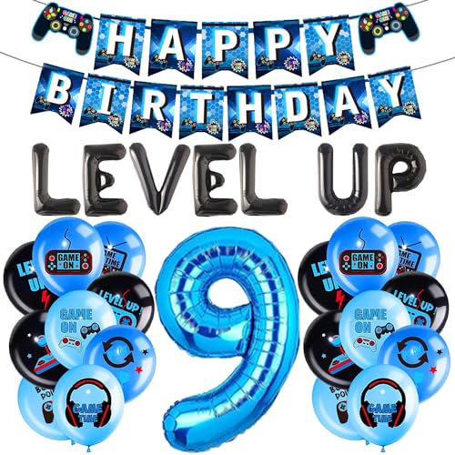 LaVenty Level Up Game Geburtstag Video Game Feier Party Dekoration for Boys (Blau und schwarz 9 Jahre alt) von LaVenty