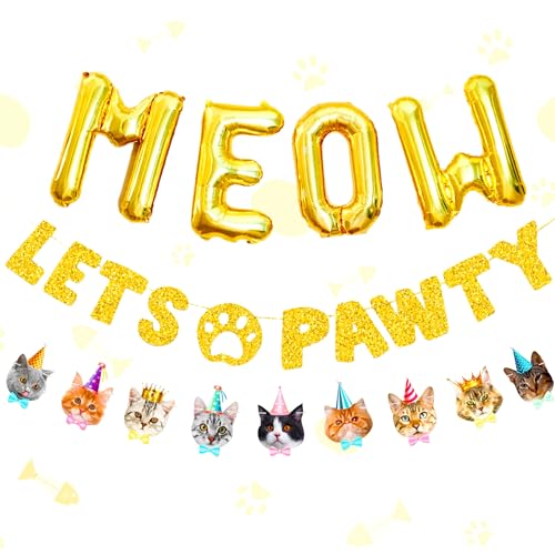 LaVenty Meow Lets Pawty Balloons Lets Pawty Katze Geburtstags dekoration Cat Kätzchen Geburtstagsfeier Katzen Geburtstag Deko Happy Birthday Für Katzen von LaVenty