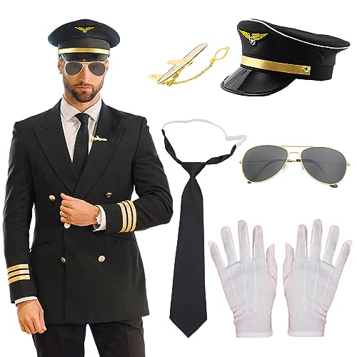 LaVenty Pilot Kostüm Airline Pilot Captain Kostüm Pilot Dress up Zubehör Kapitänsmütze Chauffeur Mütze Piloten Mütze Pilotenmützepiloten Kostüm Pilot Kostüm Pilot Herren Pilotenmütze Mütze von LaVenty