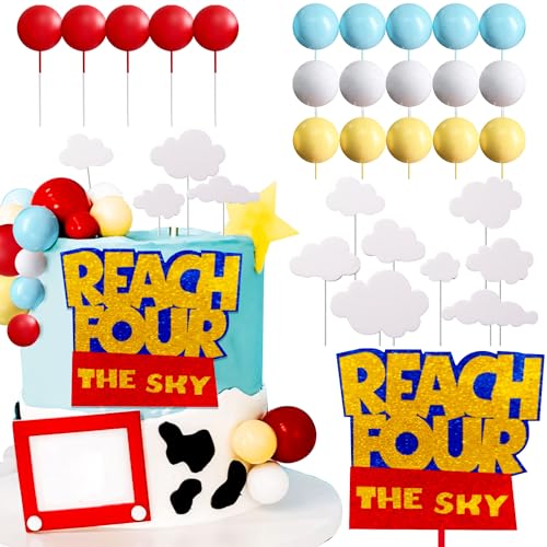 LaVenty Reach Four the Sky Kuchentopper Geburtstag Dekorationen Gelb Rot Blau Kugeln Kuchendekoration 4. Geburtstag Tortenaufleger für Junge 4. Geburtstag Party von LaVenty