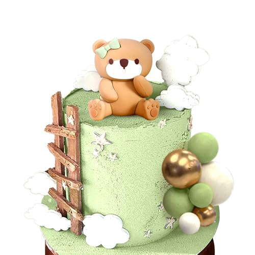 LaVenty Teddybär Tortendeko für Taufe Junge und Mädchen - 1 Jahr Grün Kuchen Dekoration für Hochzeit, Babyshower, Geburtstag Party von LaVenty