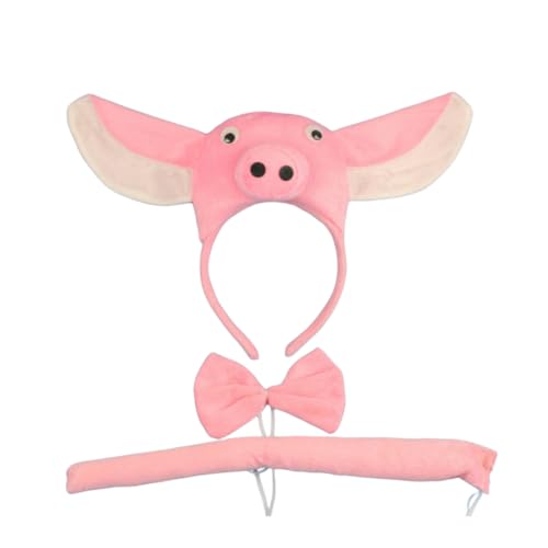 Labbe 3pcs Ohren Stirnband Set,Ohren Schwanz Fliege Tier Kleid Set,Tierohren Schwanz und Fliege Set（Schwein） von Labbe