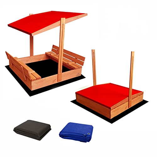 Ladanas® Sandkasten aus Holz mit Dach ROT& wetterfester Tarpaulin Abdeckung - Sandkiste 120 x 120 cm. mit UV 50 Sonnenschutz & Faltbare Bank - Sandkästen rechteckig überdacht für Kinder von Ladanas