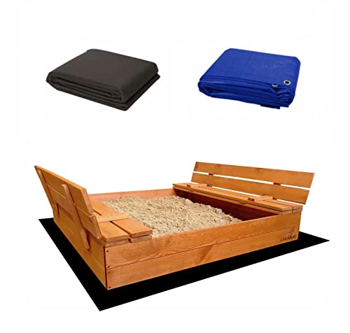 Ladanas® Sandkasten aus Holz mit wetterfester Tarpaulin Abdeckung (120 x 120 cm) - Bodenlose Sandkiste mit Abdeckplane & Faltbare Bank - Sandkästen rechteckig offen für Kinder von Ladanas