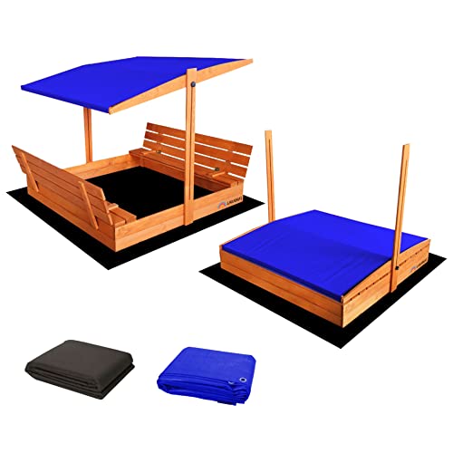 Sandkasten für Kinder, aus geschlossenem Holz, 140 x 140 cm, mit Sandkastenbänken mit Deckel, imprägniertes Kiefernholz, Sandkasten mit tiefliegendem Dach – 1 Schutzplane, 1 Isolierplane, Blau Sandkasten für Kinder, aus geschlossenem Holz, 140 x 140 cm, mit Sandkastenbänken mit Deckel, imprägniertes Kiefernholz, Sandkasten mit tiefliegendem Dach – 1 Schutzplane, 1 Isolierplane, Blau von Ladanas