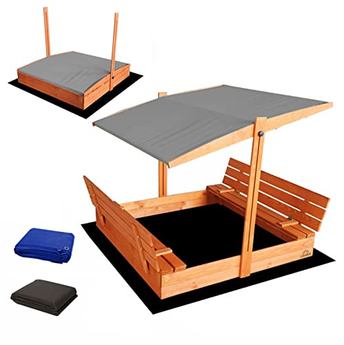 Sandkasten für Kinder, aus geschlossenem Holz, 140 x 140 cm, mit Sandkastenbänken mit Deckel, imprägniertes Kiefernholz, Sandkasten mit tiefliegendem Dach – 1 Schutzplane, 1 Isolierplane, Grau von Ladanas
