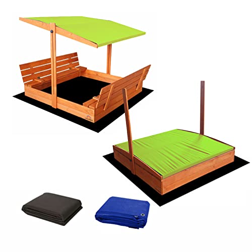 Sandkasten für Kinder, aus geschlossenem Holz, 140 x 140 cm, mit Sandkastenbänken mit Deckel, imprägniertes Kiefernholz, Sandkasten mit tiefliegendem Dach – 1 Schutzplane, 1 Isolierplane, grün Sandkasten für Kinder, aus geschlossenem Holz, 140 x 140 cm, mit Sandkastenbänken mit Deckel, imprägniertes Kiefernholz, Sandkasten mit tiefliegendem Dach – 1 Schutzplane, 1 Isolierplane, grün von Ladanas