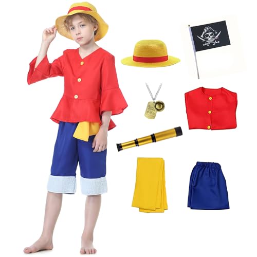 Ladhow Monkey Luffy Kostüm One Anime Kind 4 Stück Coplay Jungen Kleid mit Strohhut (Kid-140, Rot) von Ladhow