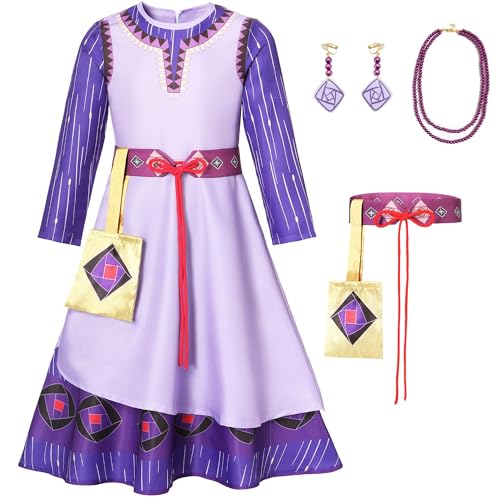 Ladhow Wish Asha Kostüm Mädchen Asha Kleid, Wish Asha Dress Up Set mit Ohrringen Halskette Tasche, Prinzessin Asha Cosplay Kostüm Halloween Karneval Asha Kleid für Kinder (Kid-110, Purple) von Ladhow