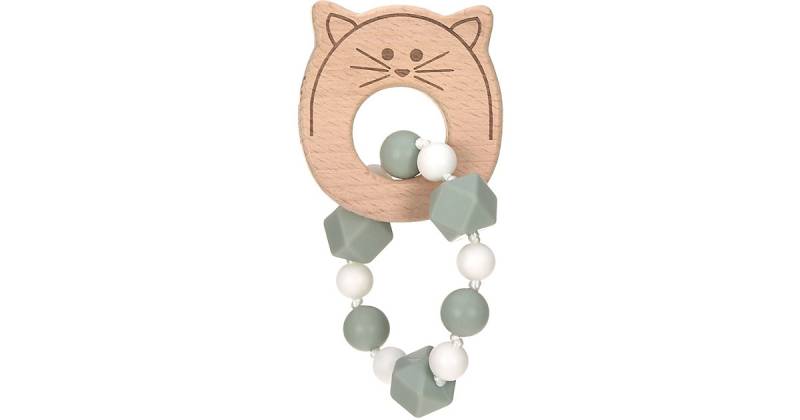 Greifling und Beißring mit Silikonkette, 2 in 1, Holz/Silikon, Little Chums Cat grün von Lässig