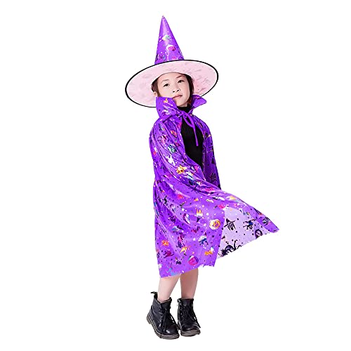 Lahviuu Kinder Halloween Kostüm,Halloween Umhang Kostüm Zauberer Kinder Hexen Mantel Hexe Kostüm Halloween Hexenhut,für Jungen Mädchen Cosplay Party (Violett) von Lahviuu