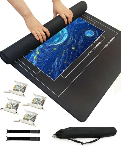 LaiEr Puzzlematte Roll Board Rutschfester Filz 120 X 60 cm (47 X 26 Zoll) mit tragbarer Aufbewahrungstasche und 4 Sortierbeutelnfür 500, 1000 oder 1500 Teile Puzzles（Schwarz von LaiEr
