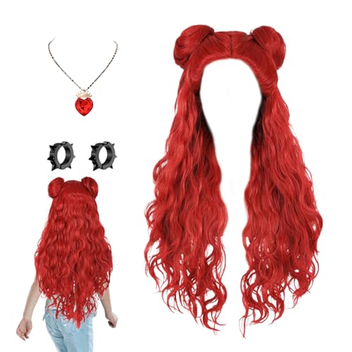 Red Perücke Für Kinder, Red Wig Lange Rote Lockige Perücke Mit Dutts Halloween Kostüm Perücken Mit Halskette Und Ohrringen Für Geburtstagsfeiern Kostüm Cosplay Party von Lainiaoly