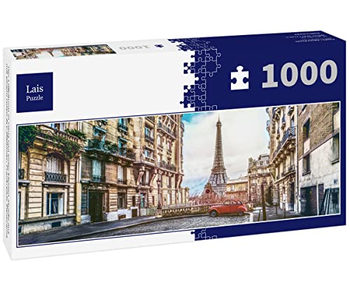 Lais Puzzle Der Eiffelturm in Paris von Einer kleinen Straße aus mit einem roten 2cv-Oldtimer, Frankreich, Panorama 1000 Teile Panorama von Lais Puzzle