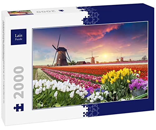 Lais Puzzle Farbenfroher Sonnenuntergang auf Tulpenfarm in Holland mit Windmühlen 2000 Teile von Lais Puzzle
