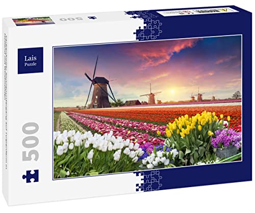 Lais Puzzle Farbenfroher Sonnenuntergang auf Tulpenfarm in Holland mit Windmühlen 500 Teile von Lais Puzzle