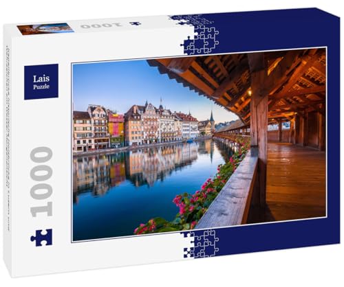 Lais Puzzle Kapellbrücke historische Holzbrücke in Luzern und Wahrzeichen am Wasser Morgenansicht 1000 Teile von Lais Puzzle