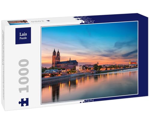 Lais Puzzle Magdeburg, Deutschland. Panorama-Stadtlandschaftsbild von Magdeburg, Deutschland, mit Spiegelung der Stadt in der Elbe bei Sonnenuntergang 1000 Teile von Lais Puzzle