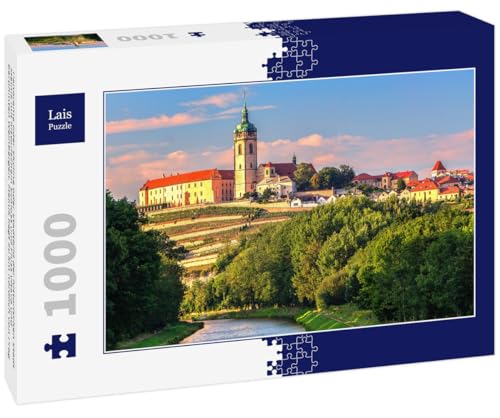 Lais Puzzle Panorama oder Skyline oder Stadtbild der historischen Stadt Melnik mit historischem Schloss und Fluss Vltava und berühmten Weinbergen. Melnik liegt 30 km nördlich von Prag 1000 Teile von Lais Puzzle