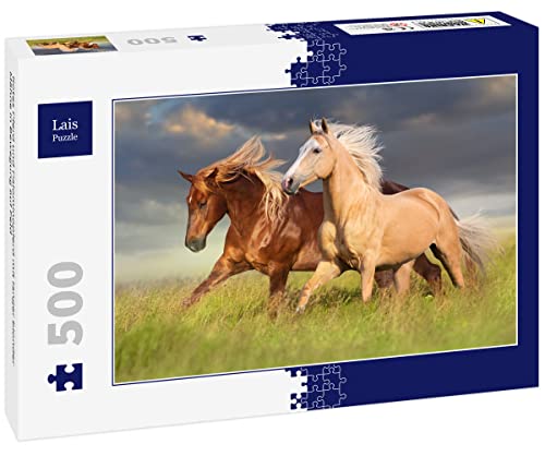 Lais Puzzle Rotes Pferd und Palominopferd mit Langer Blonder Mähne in Bewegung auf Feld 500 Teile von Lais Puzzle