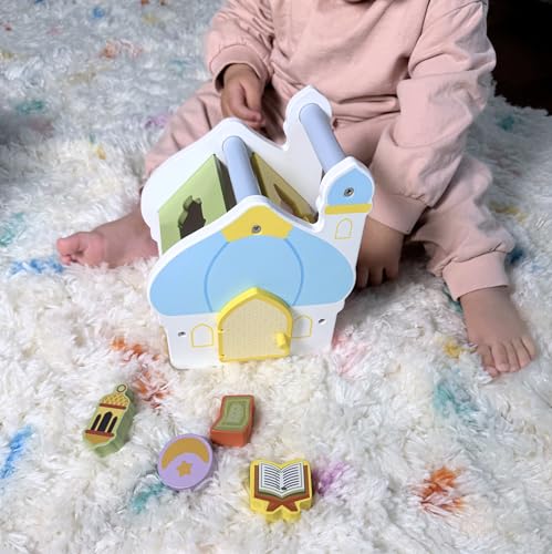 Lala + Mo Eyha-Kids Islamisches Holz-Steckspiel Formensortierer, 15,9 x 12,7 x 18 cm, 5 Formen, Lernspielzeug ab 18 Monate Steckhaus- Moschee von Lala + Mo