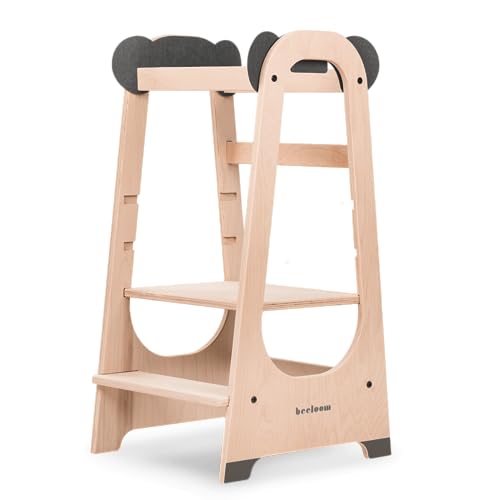 Beeloom - Montessori Lernturm aus Holz, Panda Tower, Grauer Kinderaktivitätshocker, mit 3-Fach höhenverstellbaren Stufen von Beeloom