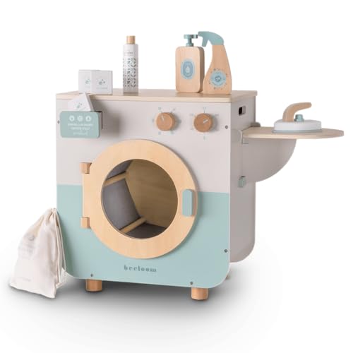 Beeloom ECOLAUNDRY Spielzeug-Waschmaschine aus Holz für Kinder, Grün, mit klappbarem Bügeleisen und 6 Zubehörteilen, ab 3 Jahren. von Beeloom