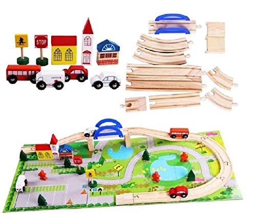 Lalia Bahnset Zug Schienenbahn aus Holz 40 Teile, Holzspielzeug für Kinder, bunt, Eisenbahn Schienen Zug Set. Tolles Geschenk für kleine Schaffner Holzeisenbahn mit Spielmatte von Lalia