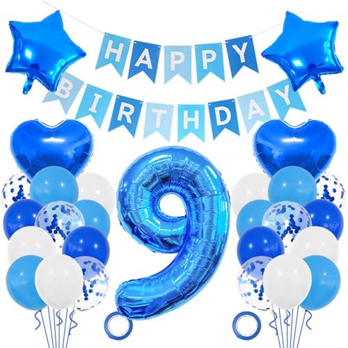 Ballon 9. Geburtstag Dekoration blau, Alles Gute zum Geburtstag Folienballon, Helium Ballon mit Silber Konfetti, Ballon 9 werden für Jungen Mädchen Geburtstagsfeier verwendet(颜色:Mehrere Größen) von Laluky